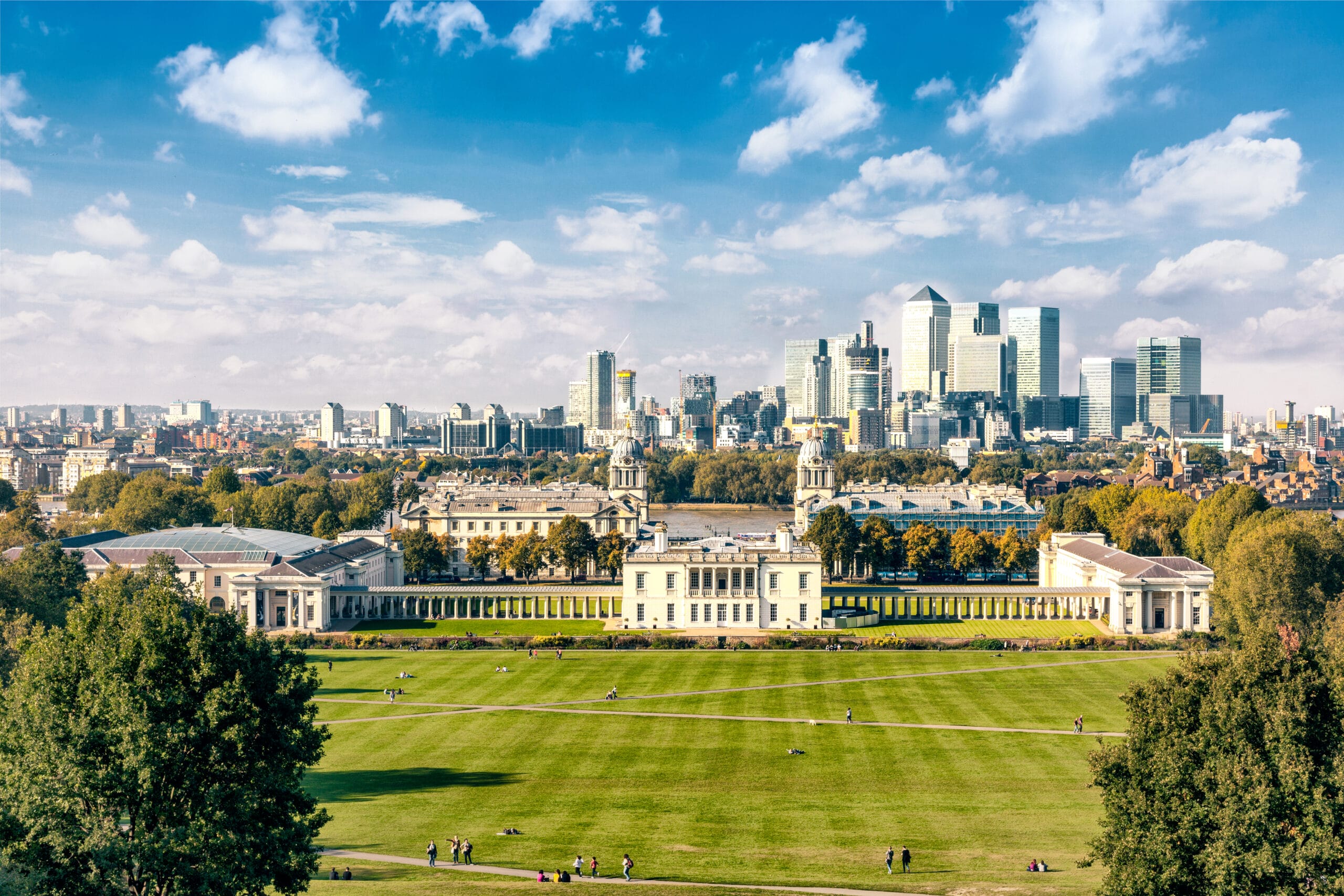 An impressive view of Greenwich Park overlooking the grounds of the Royal Observatory and beyond into London City centre.
