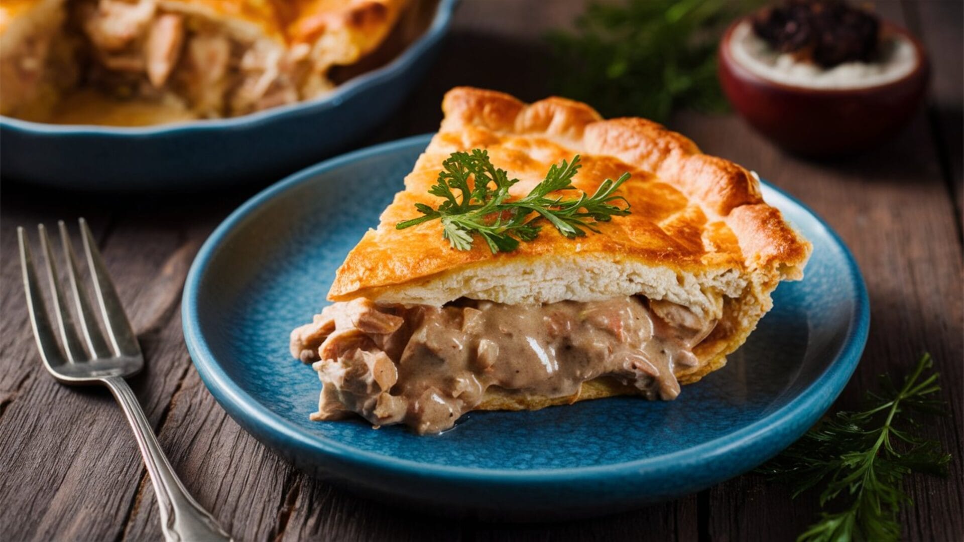 A detail shot of a slice of chicken pie.