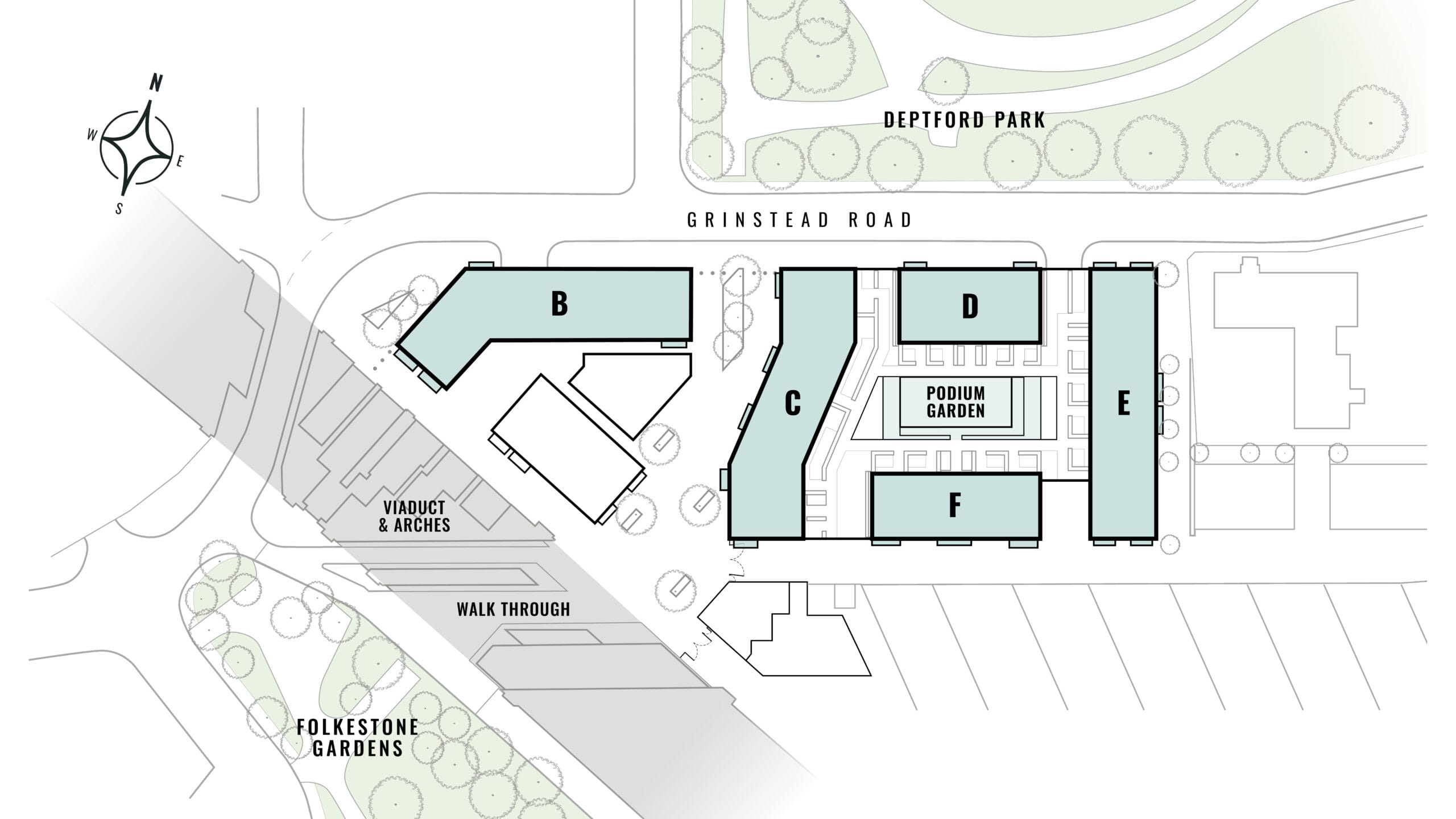 A site plan of the neighbourhood which includes 5 separate apartment buildings, a communal garden, Deptford Park and Folkestone Gardens.
