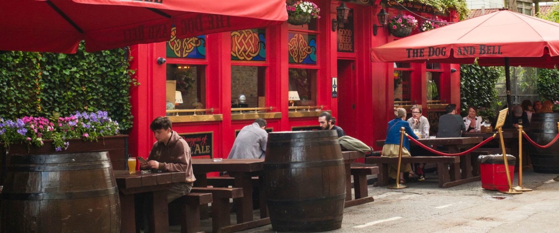 The exterior seating area at The Dog and Bell.