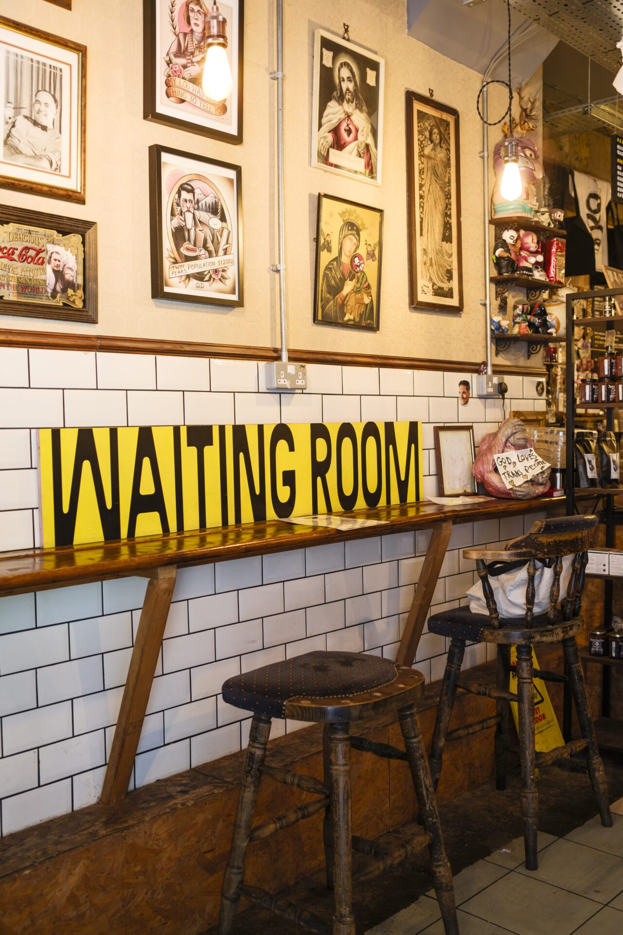 The interior seating of the Waiting Room coffee shop.