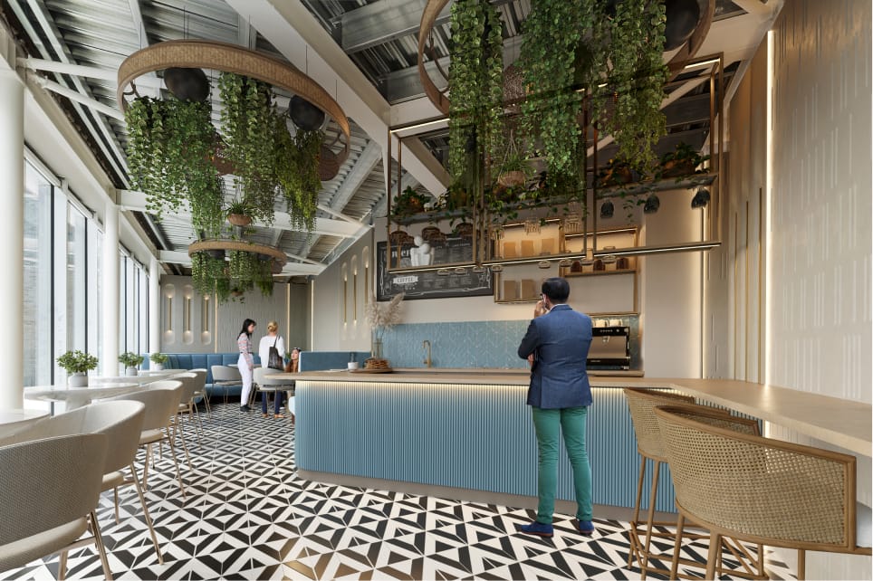 An interior of a commercial unit attached to the residential apartments which displays how it could look as a cafe.