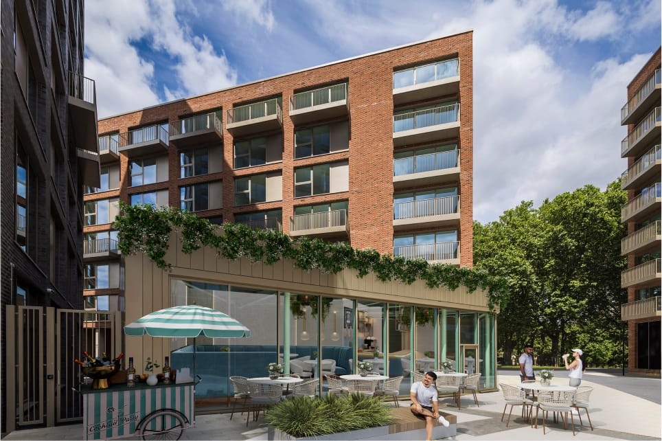 A commercial unit attached to the residential apartments which displays how it could look as a cafe with outdoor seating.