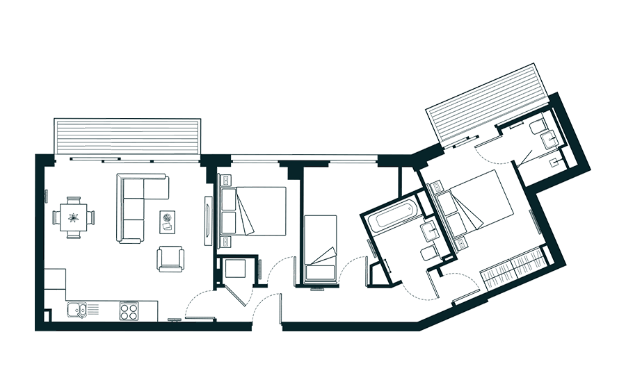 Floor plan for a 3 bedroom apartment with a balcony.
