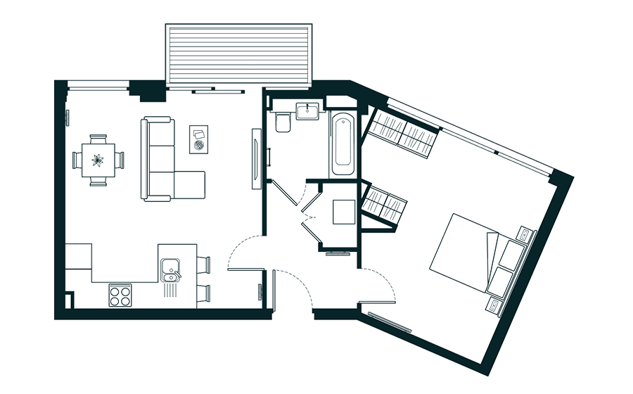 Floorplan of an example 1 bedroom apartment with a balcony.