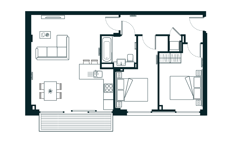 Floor plan for a 2 bedroom apartment with a balcony/terrace.