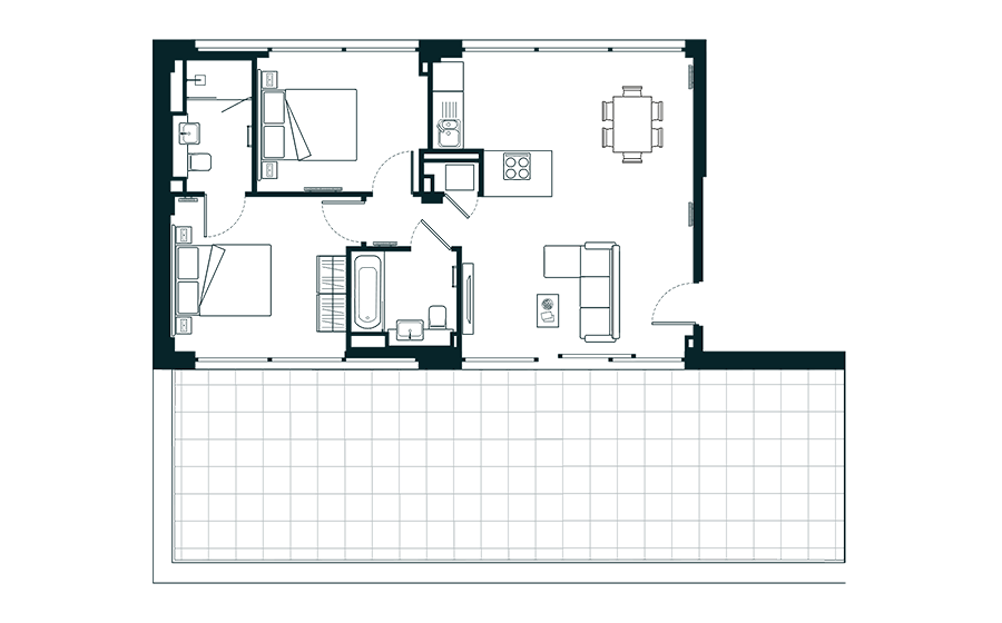 Floor plan for a 2 bedroom apartment with a balcony/terrace.
