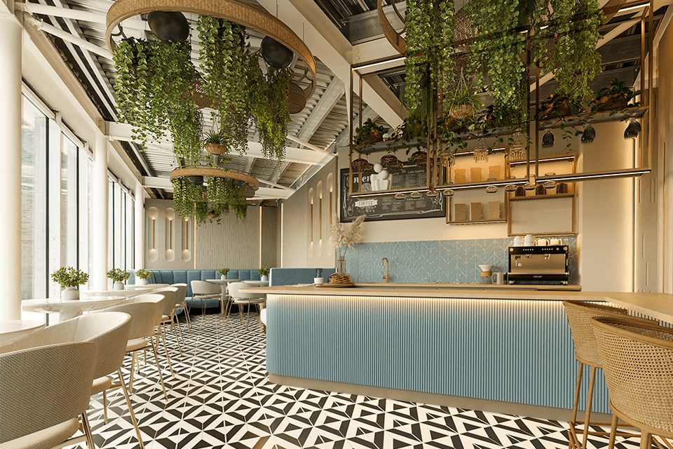 An interior of a commercial unit attached to the residential apartments which displays how it could look as a cafe.