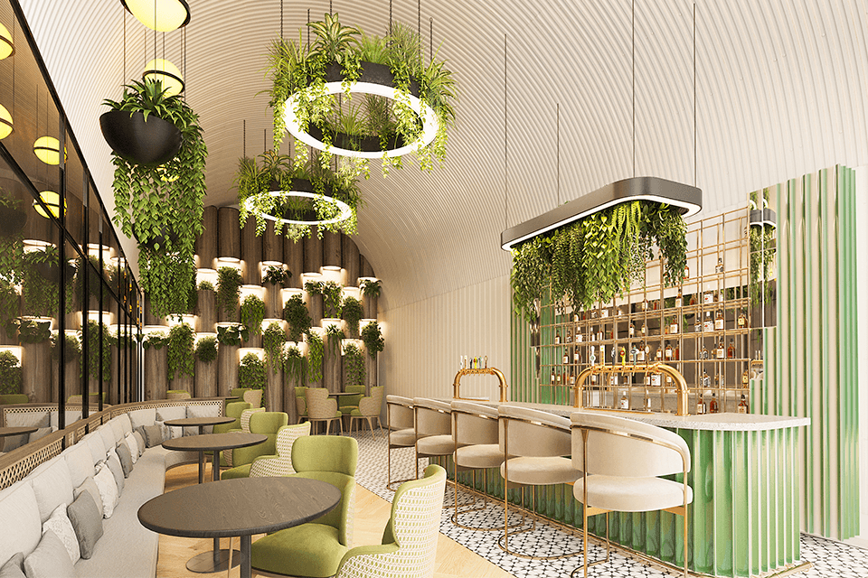 A modern bar with curved ceilings, overhead ring lights and lots of plants.