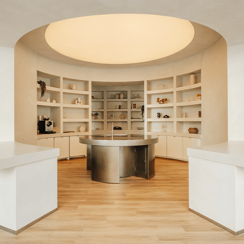 The communal kitchen area at Neptune Wharf