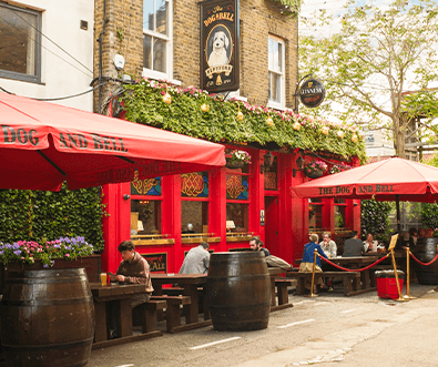 The exterior of the Dog and Bell pub in Deptford.